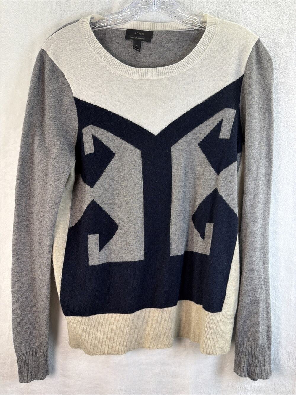 J. Crew Cashmere Medium Sweater Pullover Intarsia Cashmere Wool Gray Blue